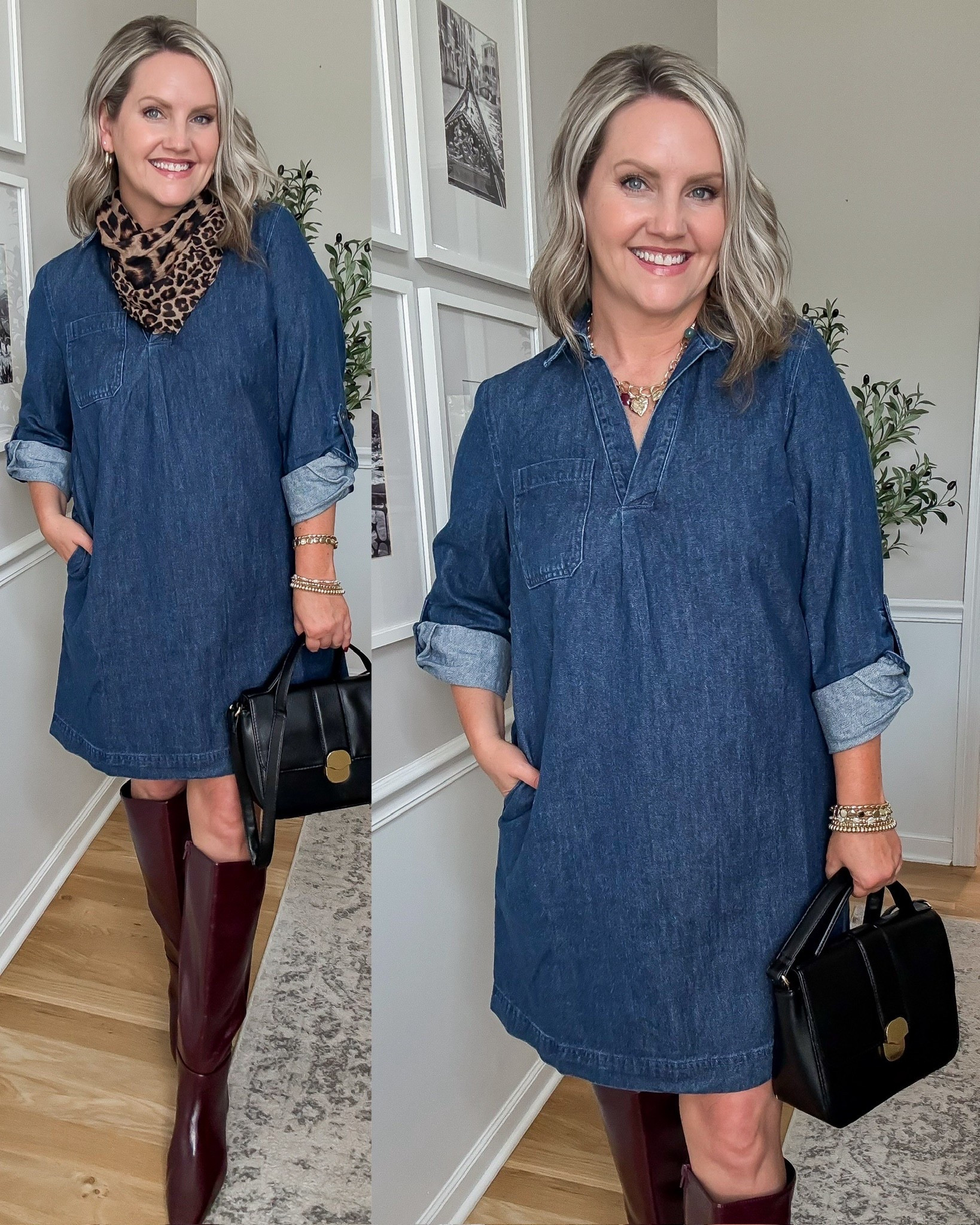 Pairing these burgundy boots and leopard print scarf with a denim shirt dress is the perfect trendy outfit for workwear or the weekend. Walmart Walmart fashion Fall outfit Workwear Early fall outfit 

#LTKStyleTip #LTKSeasonal #LTKFindsUnder50