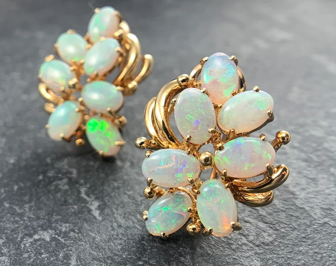 14k Yellow Gold Opal Cluster Earrings - Omega Clip Back Posts (A2154) - Etsy | Etsy (US)