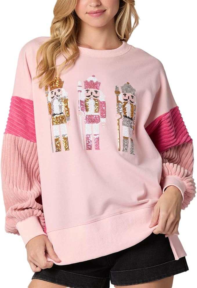 cffvdiz Oversized Christmas Sweatshirts for Women Funny Sequin Nutcracker Soldier Graphic Slit Cr... | Amazon (US)
