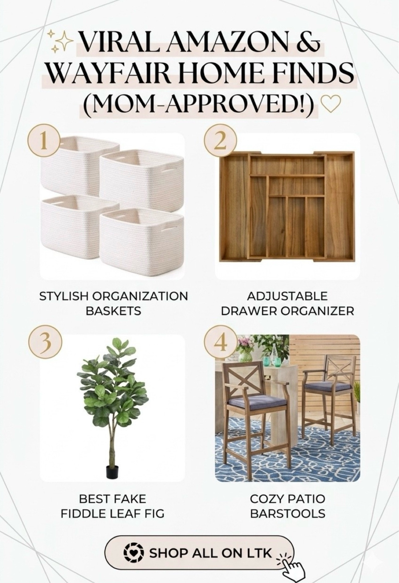 Sharing the top-selling home finds that actually make mom life easier and more stylish! ✨
I’ve rounded up my absolute favorite "tried and true" pieces that are currently trending in my home. From the best kitchen drawer organizer that expands to fit any space, to the woven storage baskets I use for toy rotation and laundry, these finds are the perfect blend of functional and chic.
If you’ve been looking for high-quality home decor on a budget, that faux fiddle leaf fig is a total game changer (no green thumb required!), and the Wayfair barstools are durable enough for the kids but look high-end for hosting.
Shop everything in this post by clicking the products below! 🛍️

#LTKhome #LTKorganized #LTKsalealert #amazonhome #wayfairfinds #homeorganization #momhacks #interiordesign #storageideas #kitchenhacks #affordabledecor

#LTKHome #LTKSaleAlert