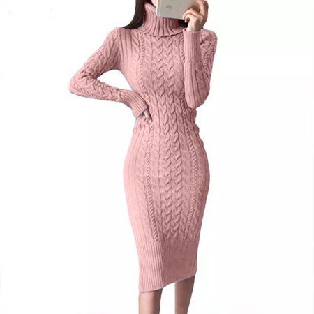 Women Fashion Turtle Neck Long Sleeve Solid Color Knitted Sweater Dress | Walmart (US)