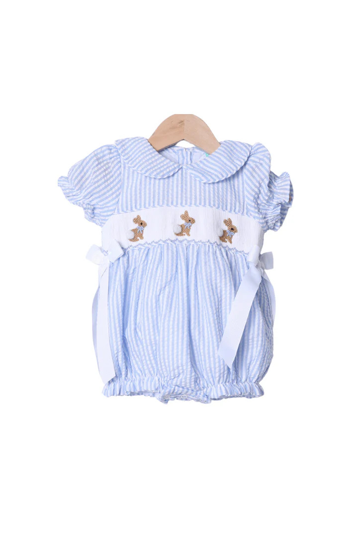Smocked Bunny Blue Seersucker Bow Bubble | The Smocked Flamingo