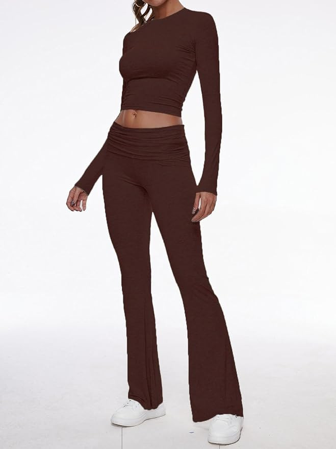 AnotherChill Women's 2 Piece Lounge Sets Fold-over Flare Pants Set Long Sleeve Cropped Top Casual... | Amazon (US)