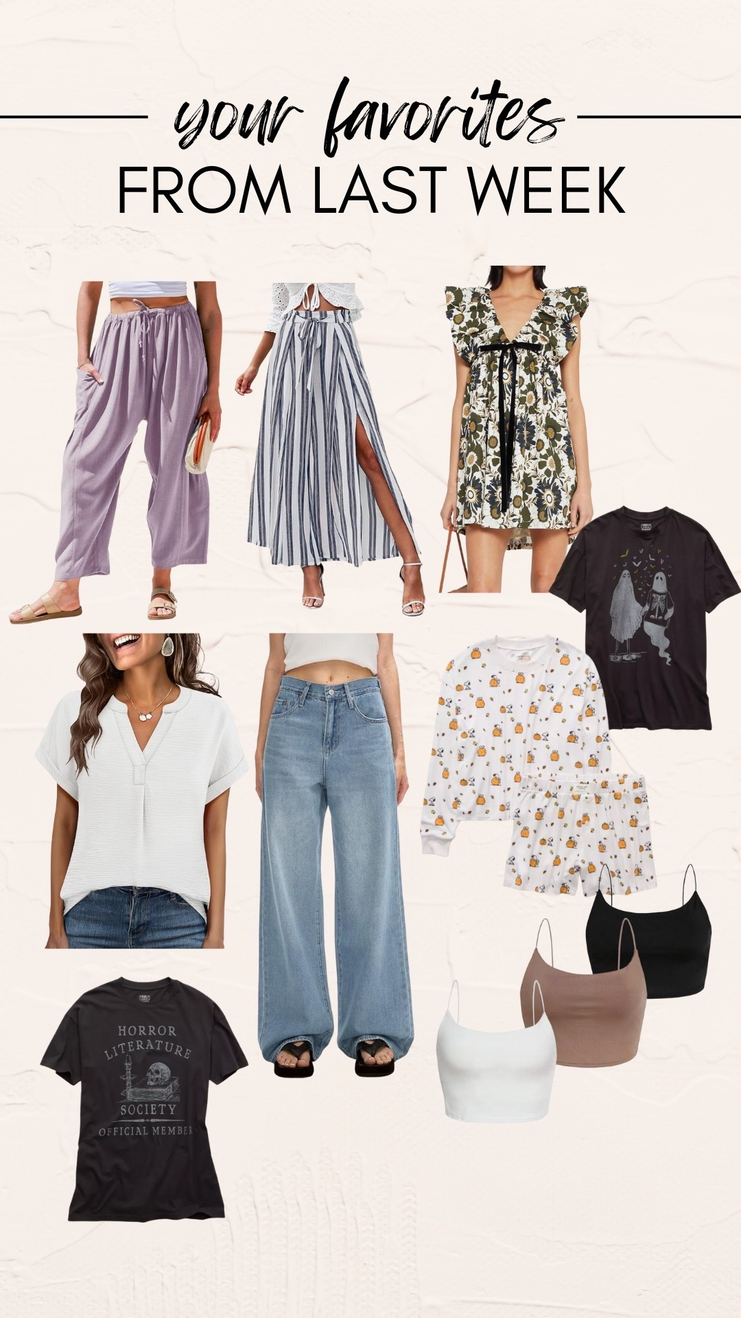 I’m 5’1”, size 12 // PURPLE PANTS: large, true to size // STRIPED PANTS: large, true to size // DRESS: size large, true to size // WHITE TOP: large, true to size // JEANS: size 12, but if you’re curvy and want a looser fit, size up // PJ SET: large, true to size // HALLOWEEN TEES: size medium, size down // TANKS: size large, true to size 

#LTKFindsUnder50 #LTKPetite #LTKMidsize