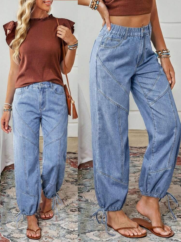 EMERY ROSE Women's Casual Washed Drawstring Ankle Jeans | SHEIN