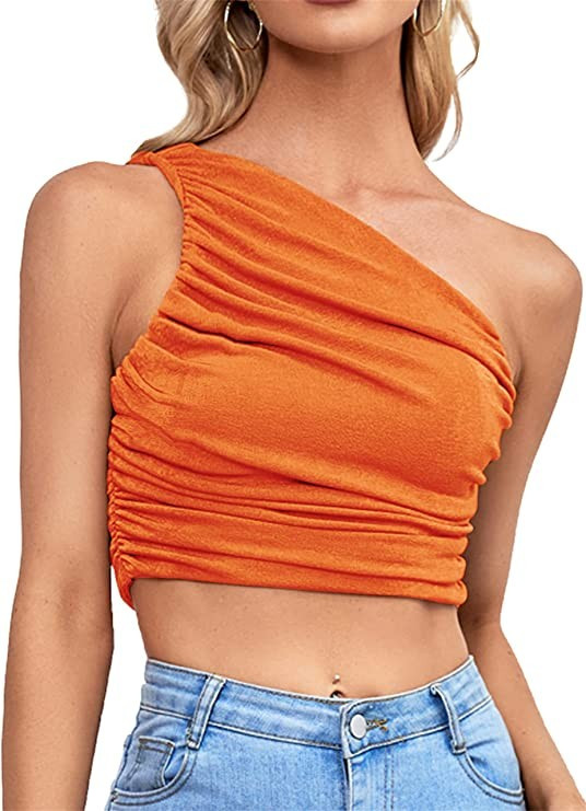 LYANER Women's Sexy Ruched One Shoulder Sleeveless Crop Top Strappy Cami Tank | Amazon (US)
