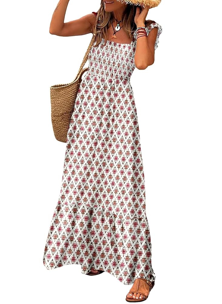 LOLONG Maxi Dress for Women Summer Boho Spaghetti Strap Square Neck Ruffle Beach Sun Dress | Amazon (US)