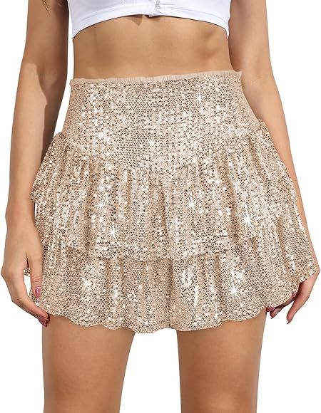 MIYIEONZ Women Sequin Skirt Sparkly Cute High Waist Ruffle Flowy Shiny Glitter Mini Short Skirts ... | Amazon (US)