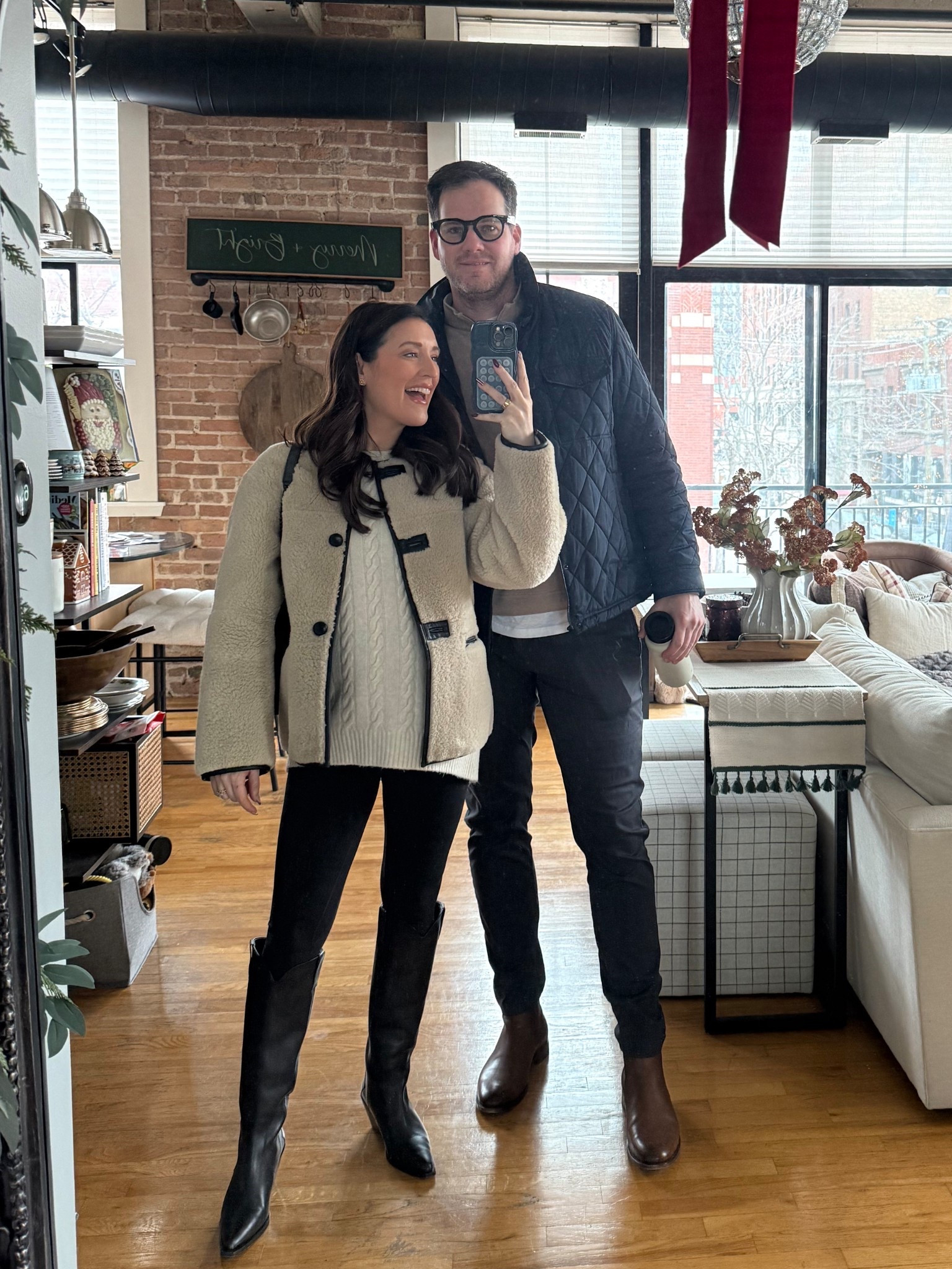 Outfits to go baby stroller shopping! I’m wearing a small in the sweater + coat and size 4 in the leggings (sized up 2 for the bump). Linked my husbands meta glasses + his outfit too! 

#LTKMens #LTKBump