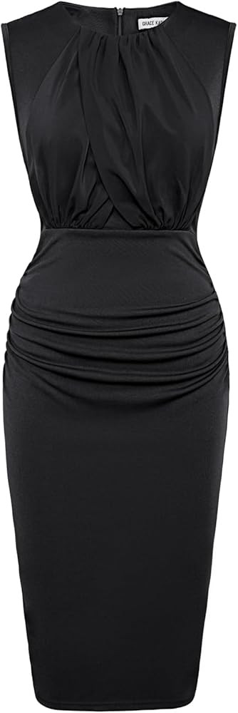 GRACE KARIN Women's Ruched Bodycon Dress Summer Sleeveless Front Drape Patchwork Crew Neck Midi C... | Amazon (US)