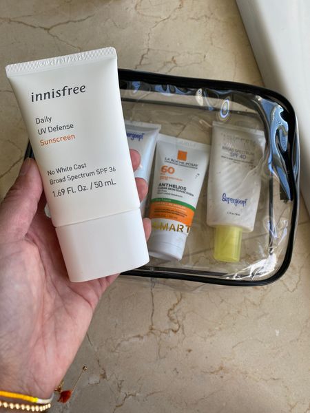 Facial sunscreen. I have been using supergoop for years. It’s very lightweight, but you have to make sure you re-apply. My girls like the glowscreen formula. The most protective facial sunscreen I use is the la roche-posay. Really good, but leaves a little bit of a white cast on my skin tone. 
My new favorite is the innisfree. Good lightweight daily facial sunscreen with no white cast  

#LTKFindsUnder50 #LTKBeauty #LTKOver40