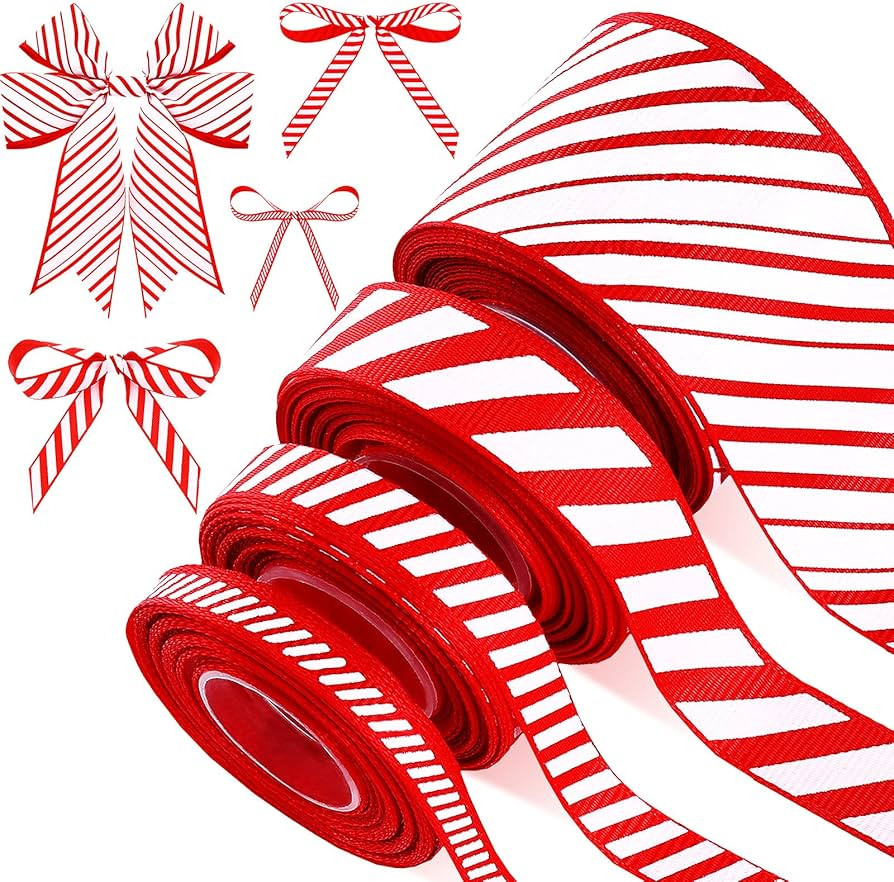 Mtlee 4 Rolls 26 Yard Christmas Peppermint Stripe Ribbon Candy Cane Ribbon Wired Edge Ribbon Red ... | Amazon (US)
