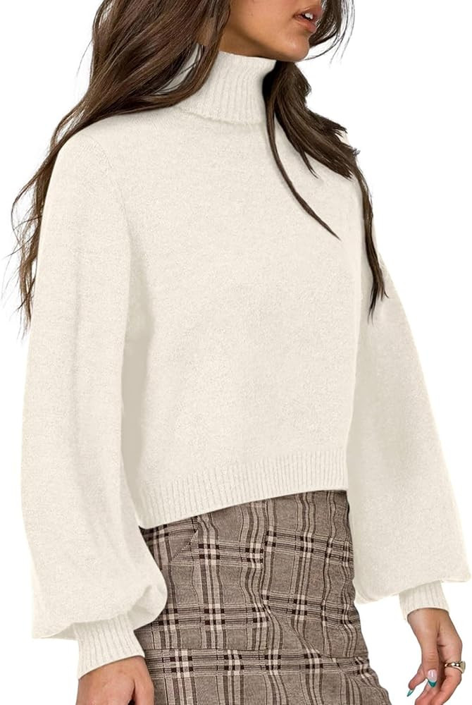 REORIA Women‘s Trendy Fall Mock Turtle Neck Cropped Sweater Long Lantern Sleeve Knit Pullover S... | Amazon (US)