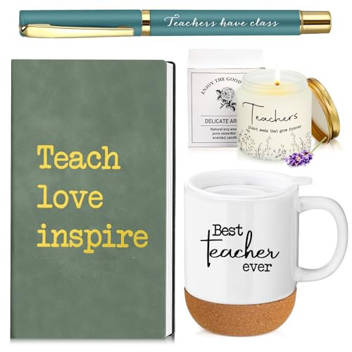 Sayglossy 4 Pcs Best Teacher Ever Gifts Set Teacher Week Appreciation Gifts Thank You Coffee Mug Cup Notebook Scented Candle Ballpoint Pen for Birthday Retirement Holiday | Amazon (US)