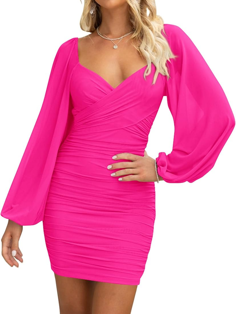 BTFBM Women's Elegant Ruched Bodycon Dresses Summer Fall Mesh Long Sleeve Cross V Neck Party Club... | Amazon (US)