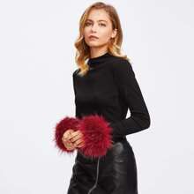 Contrast Faux Fur Cuff Ribbed Tee | SHEIN