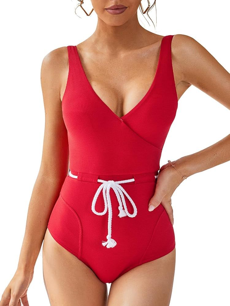 MOLYBELL Women One Piece Tummy Control Swimsuit, High Waist V Neck Contrast Belt Rib Bathing Suit | Amazon (US)
