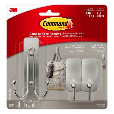 Command Large and Small Decorative Hooks Brushed Nickel: Wall Hooks Adhesive, Towel Hook, Silver, Plastic, 4 lb Capacity | Target