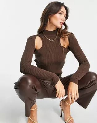 Topshop knitted cutout long sleeve top in chocolate | ASOS (Global)