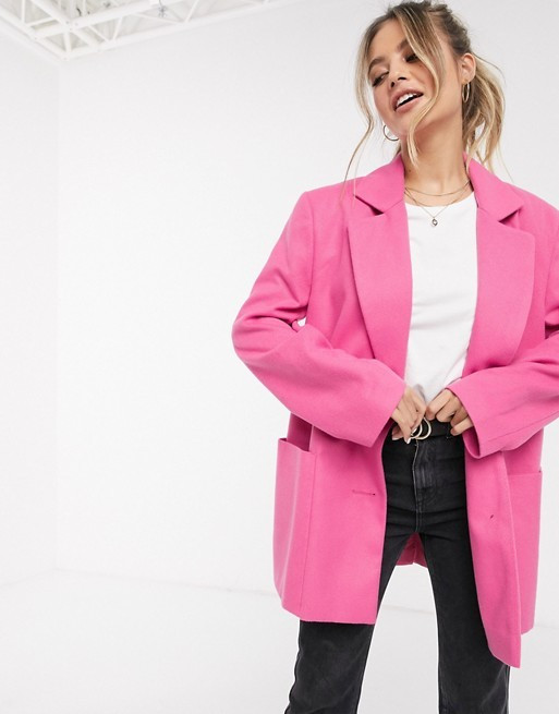 ASOS DESIGN bright bonded crepe grandad coat in pink | ASOS US