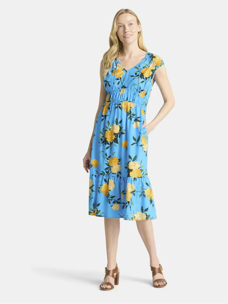 Time and Tru Women's V-Neck Midi Dress, Sizes XS-XXXL | Walmart (US)
