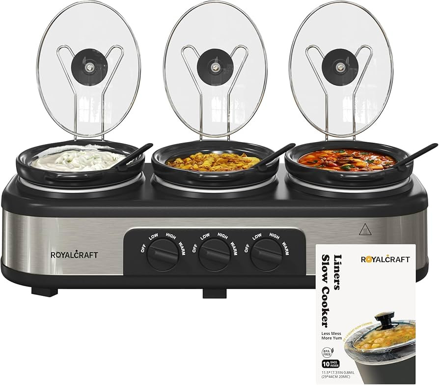 Sunvivi Triple Slow Cooker Buffet Server with 10 Cooking Liners, Adjustable Temperature Settings,... | Amazon (US)