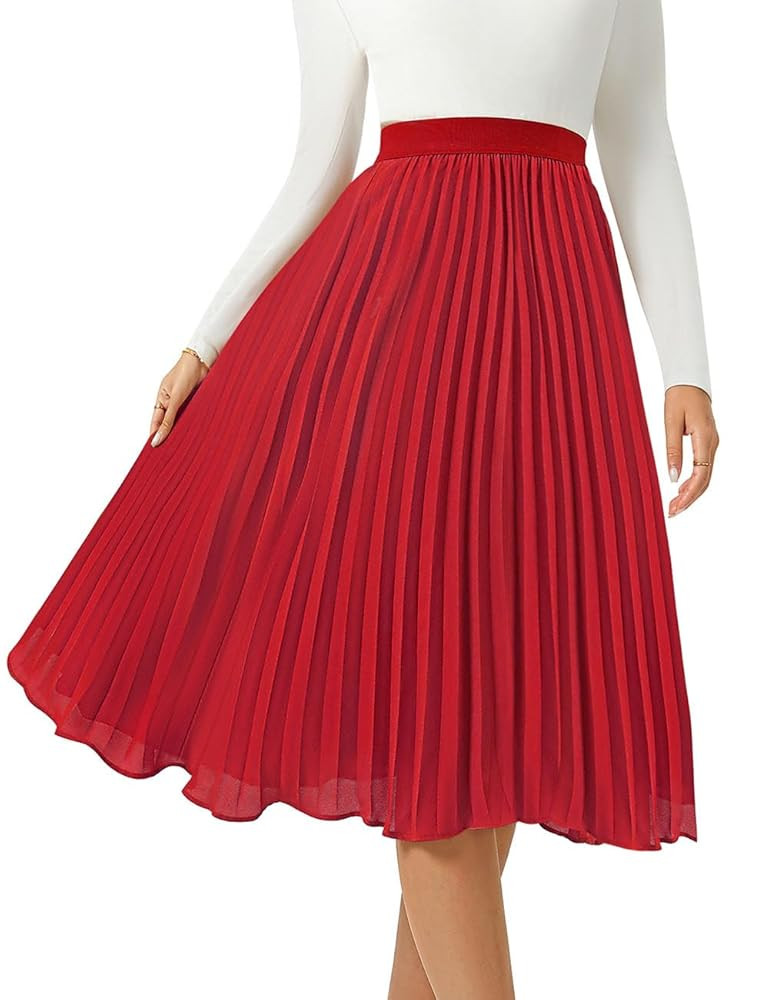 Women's Midi Skirt Elastic High Waist Pleated Skirt Knee Length Swing A-Line Casual Flowy Skirts ... | Amazon (US)
