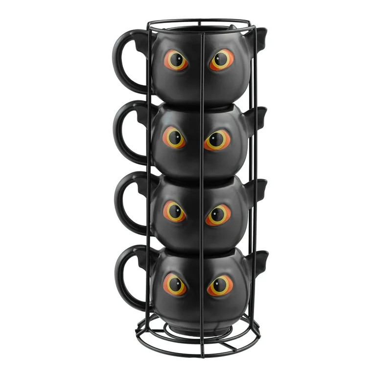 Way to Celebrate 4-Piece 13-Oz Black Bat-Shaped Glazed Ceramic Stacking Mug Set with Metal Rack | Walmart (US)