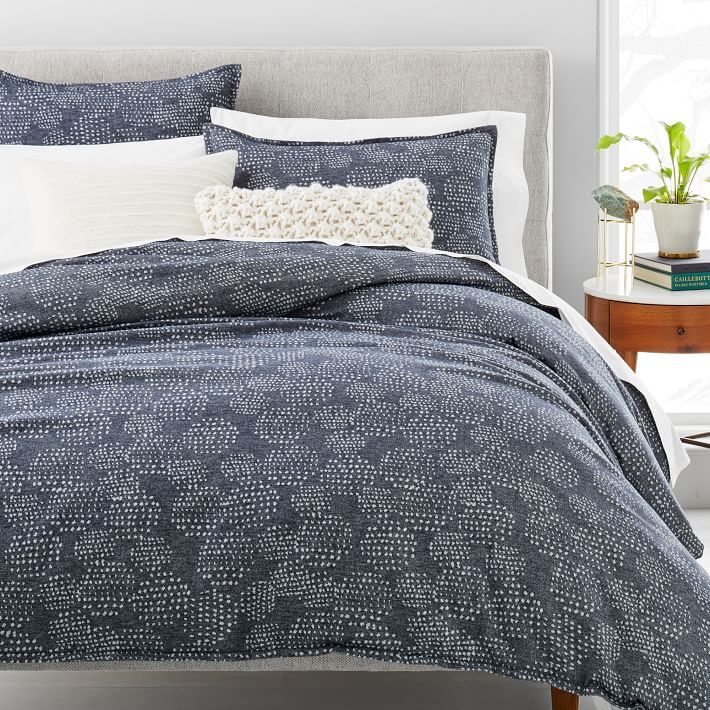 Organic Flannel Dotted Jacquard Duvet Cover + Shams - Midnight | West Elm (US)