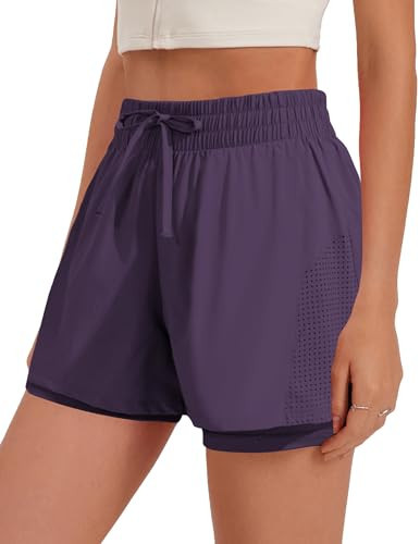 PINSPARK Women's Dark Purple Running Shorts Quick Dry 5" Active Shorts Gym Workout Athletic 2 in 1Short with Pockets Volleyball Short L | Amazon (US)