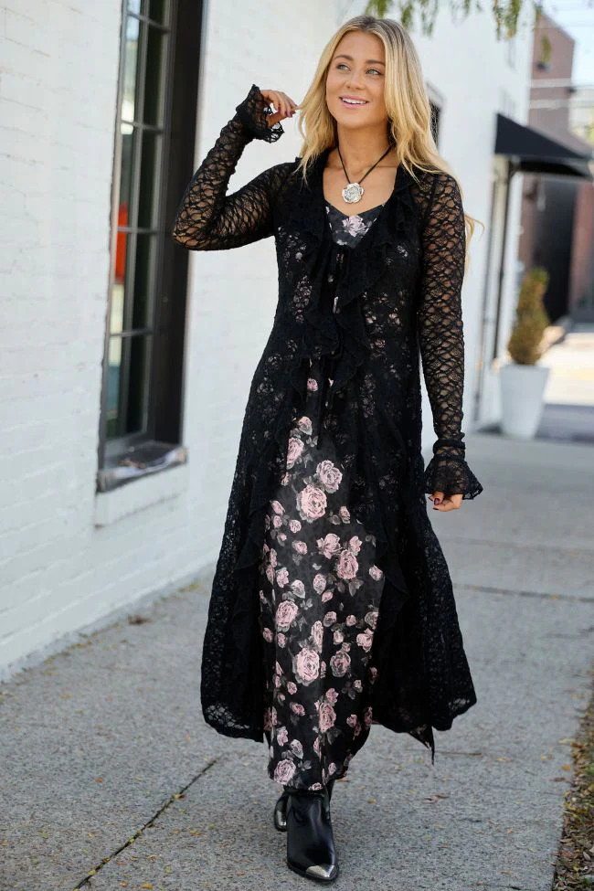 Winona Black Lace Mesh Maxi Duster Top | Pink Lily