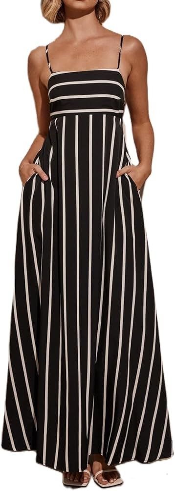 NUFIWI Women Y2k Boho Striped Maxi Dress Spaghetti Strap Graffiti Flowy Long Dress Summer Loose B... | Amazon (US)