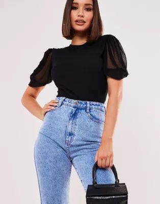 Missguided mesh bodysuit with puff sleeves in black | ASOS (Global)