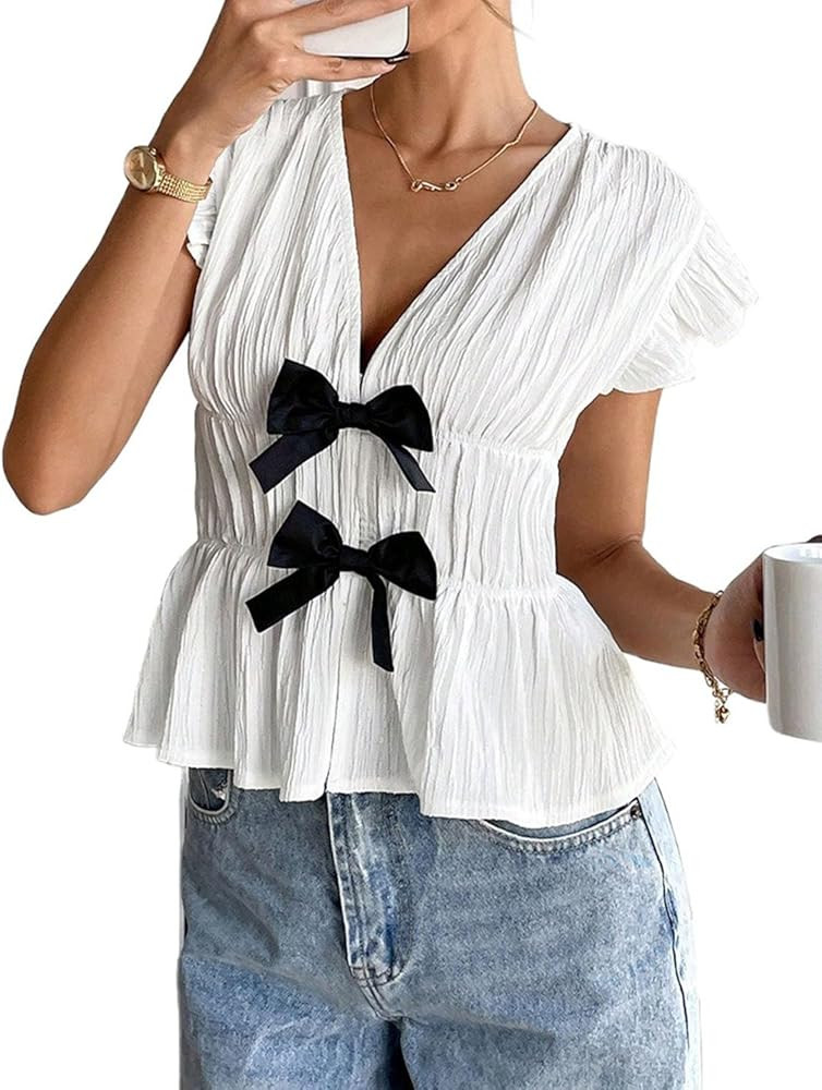 Women's Bow Tie Textured Peplum Top Deep V Neck Ruffle Sleeve Ruffle Hem Babydoll Tops Coquette D... | Amazon (US)