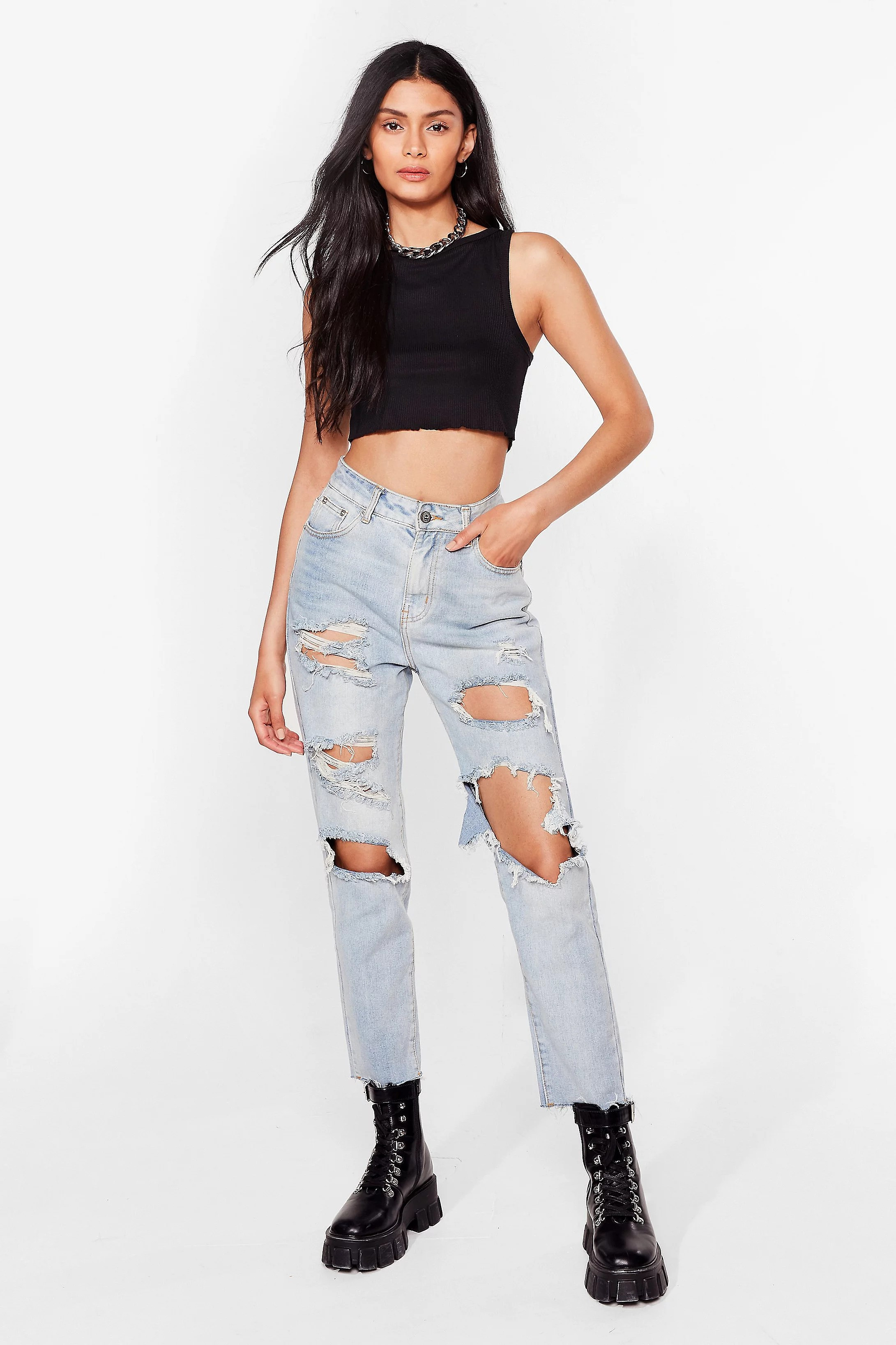 High Waisted Distressed Mom Jeans | Nasty Gal (US)