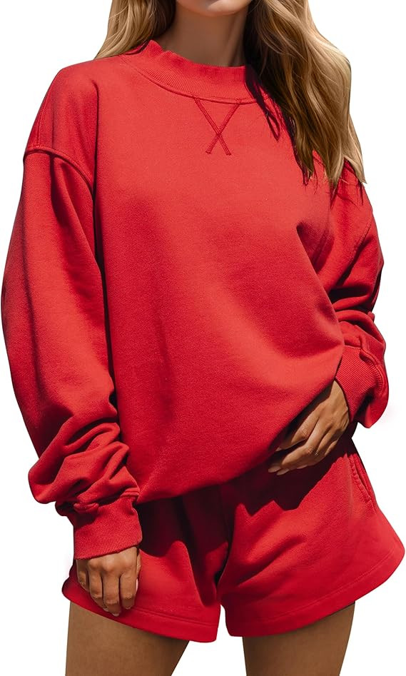 MISSACTIVER Women's 2 Piece Lounge Set Mock Neck Oversized Sweatshirts Sweat Shorts With Pockets ... | Amazon (US)