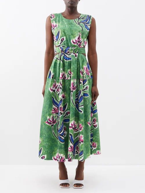 Aje - Zorina Floral-print Cutout Cotton Midi Dress - Womens - Green Multi | Matches (US)