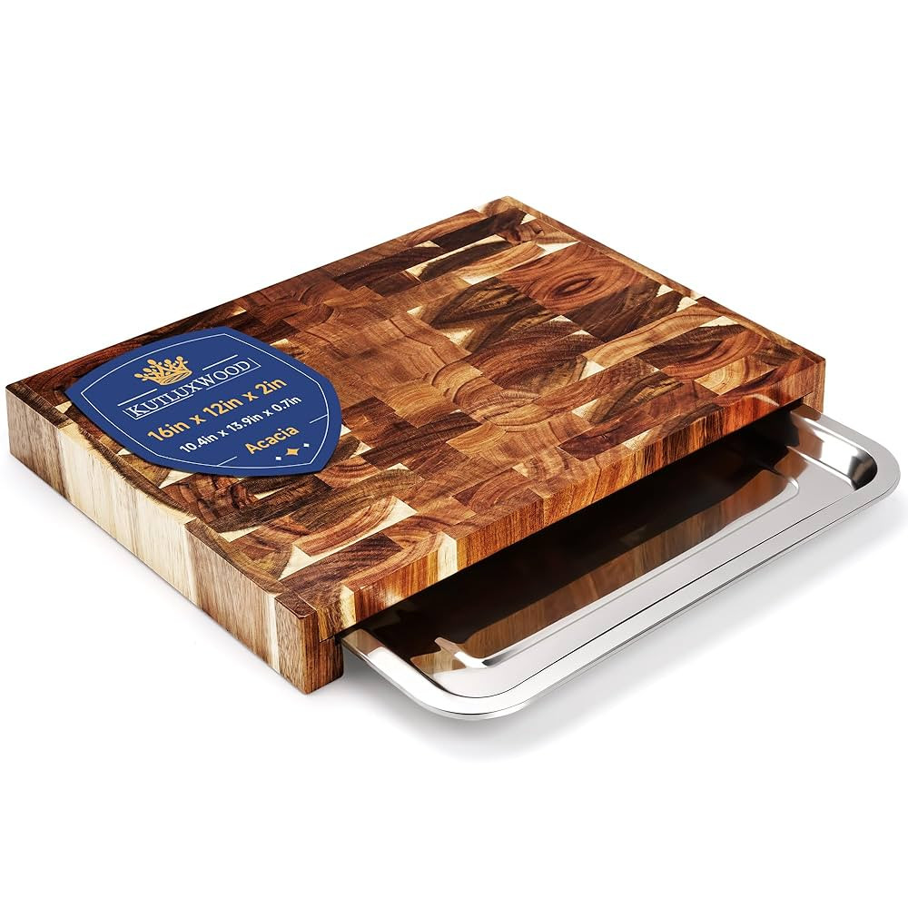 End Grain Cutting Board with Pull Out Tray - Wooden Butcher Block for Kitchen - Acacia wood cutti... | Amazon (US)