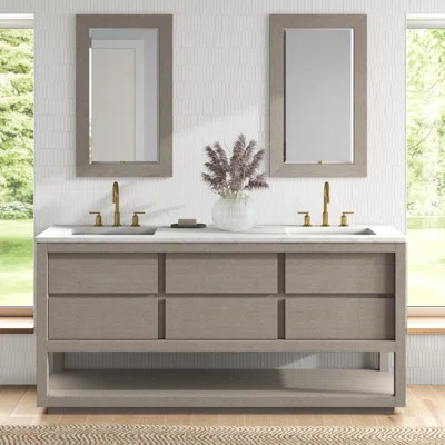 Anslem 72" Carrara White Marble Countertop Bath Vanity in Gray Oak with Faucet and Mirror | Wayfair North America