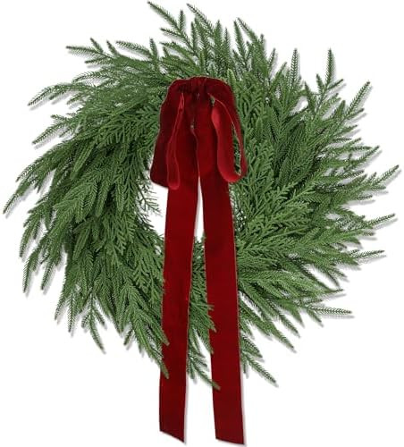 Artificial Norfolk Pine & Cedar Christmas Wreath with Velvet Bow – Real Touch Faux Greenery Hol... | Amazon (US)
