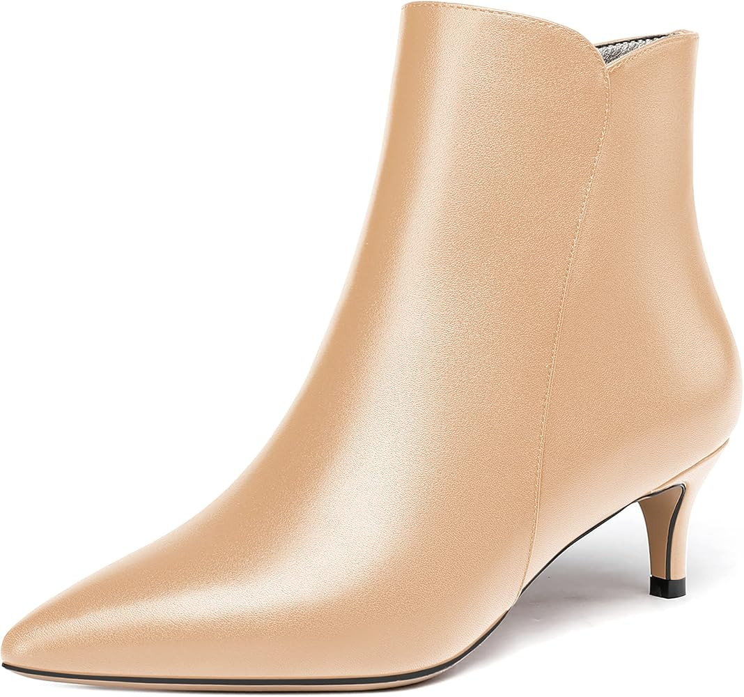 WAYDERNS Women's Matte Zipper Leather Pointed Toe Low Kitten Heel Ankle High Short Boots 2 Inch | Amazon (US)