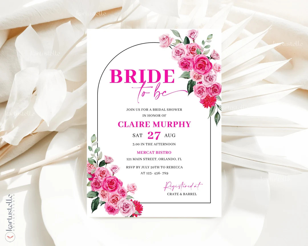 Pink Floral Bridal Shower Invitation Template, Hot Pink and Blush Bridal Shower Invitations, Blus... | Etsy (US)