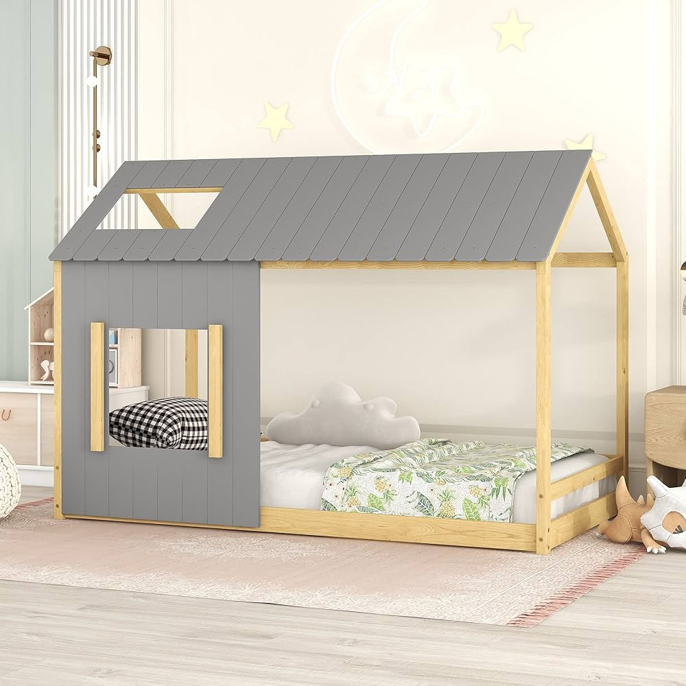 House Bed Twin Size Montessori Style Floor Bed Frame Wood Kids Cabin Beds Fun Playhouse Bed with ... | Amazon (US)