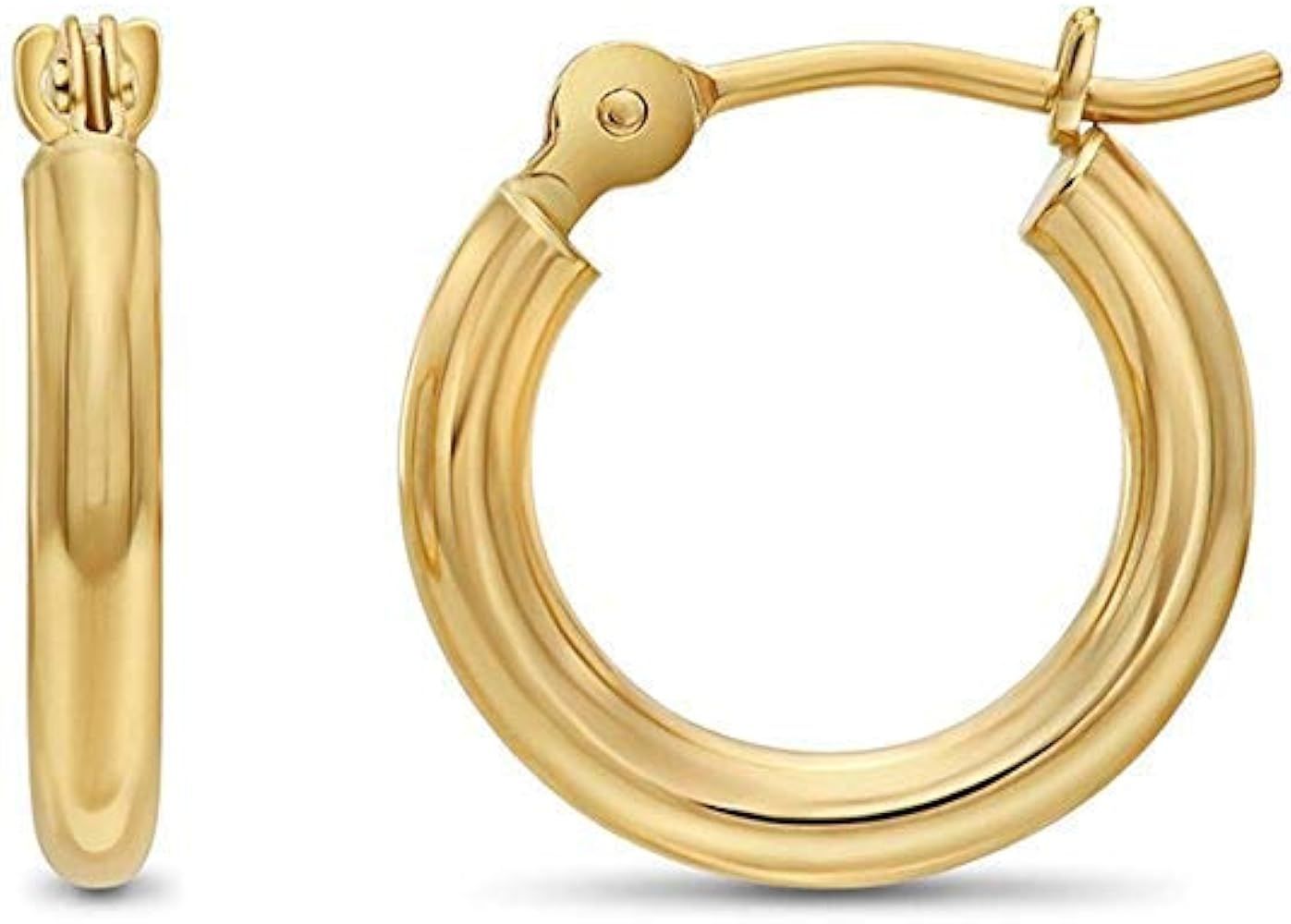 14k Yellow Gold Classic Shiny Polished Round Hoop Earrings, 2mm tube | Amazon (US)