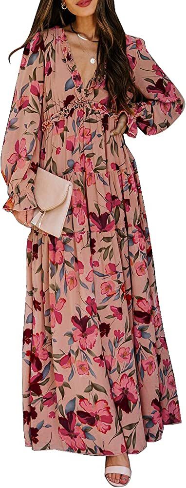 BLENCOT Womens Casual Floral Deep V Neck Long Sleeve Long Evening Dress Cocktail Party Maxi Weddi... | Amazon (US)