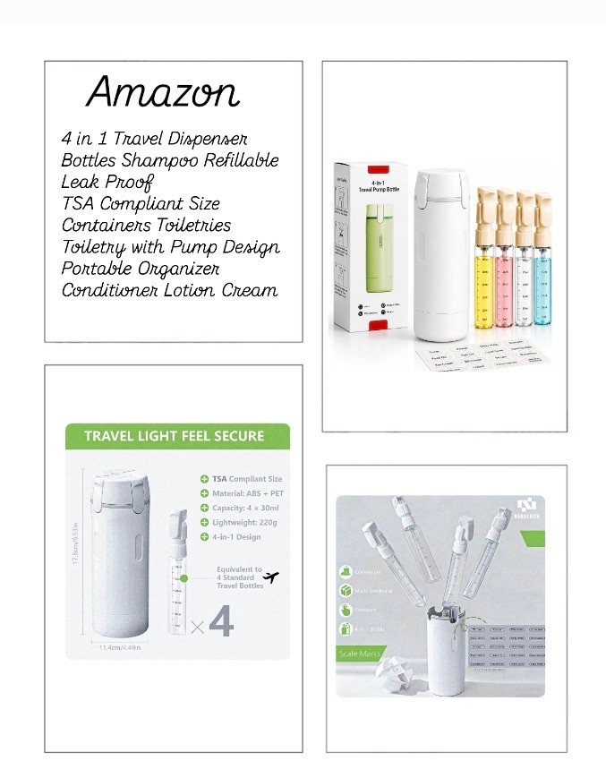 4 in 1 Travel Dispenser Bottles Shampoo Refillable Leak Proof
TSA Compliant Size Containers Toiletries Toiletry with Pump Design Portable Organizer Conditioner Lotion Cream:Amazon/Travel
