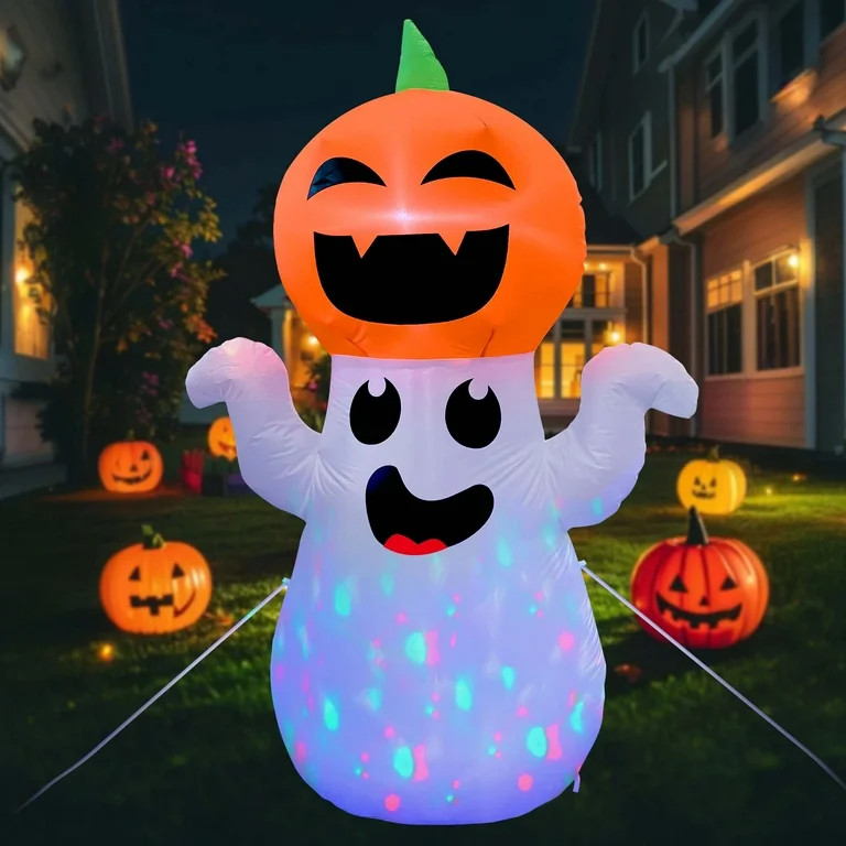 GVDV 5Ft Halloween Inflatable Pumpkin Ghost with 360° Rotating Colorful LED Lights, Cute Indoor/... | Walmart (US)