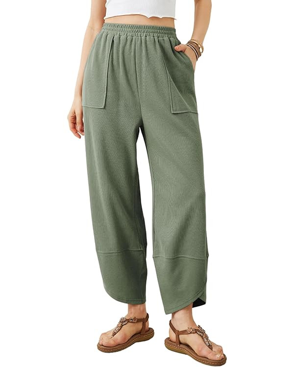 Womens Baggy Wide Leg Pants Summer Casual Elastic Waist Palazzo Harem Pants with Pockets | Amazon (US)