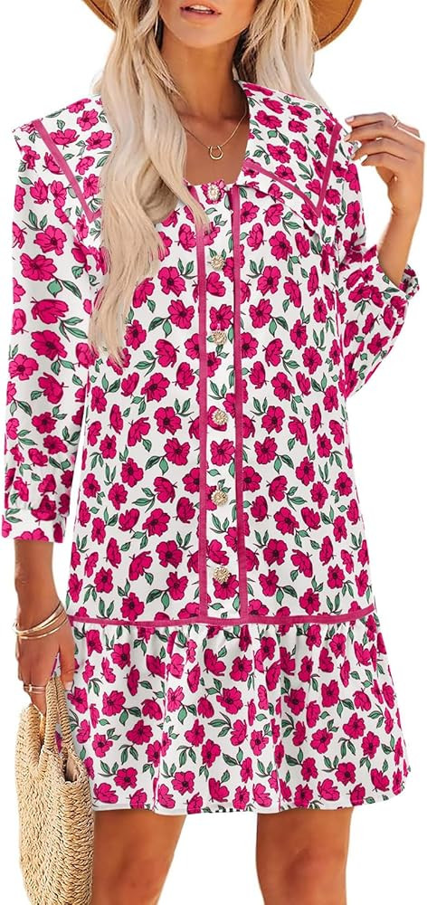 Wenrine Womens Casual Shirt Dresses 3/4 Long Sleeve Floral Button Down Flowy Babydoll Fall Mini D... | Amazon (US)