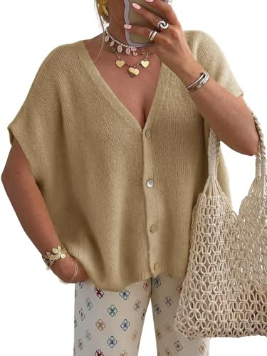 Saodimallsu Womens Summer Oversized Cardigans Batwing Short Sleeve Lightweight Button V Neck Casual Knit Sweater Tops Dark Khaki | Amazon (US)